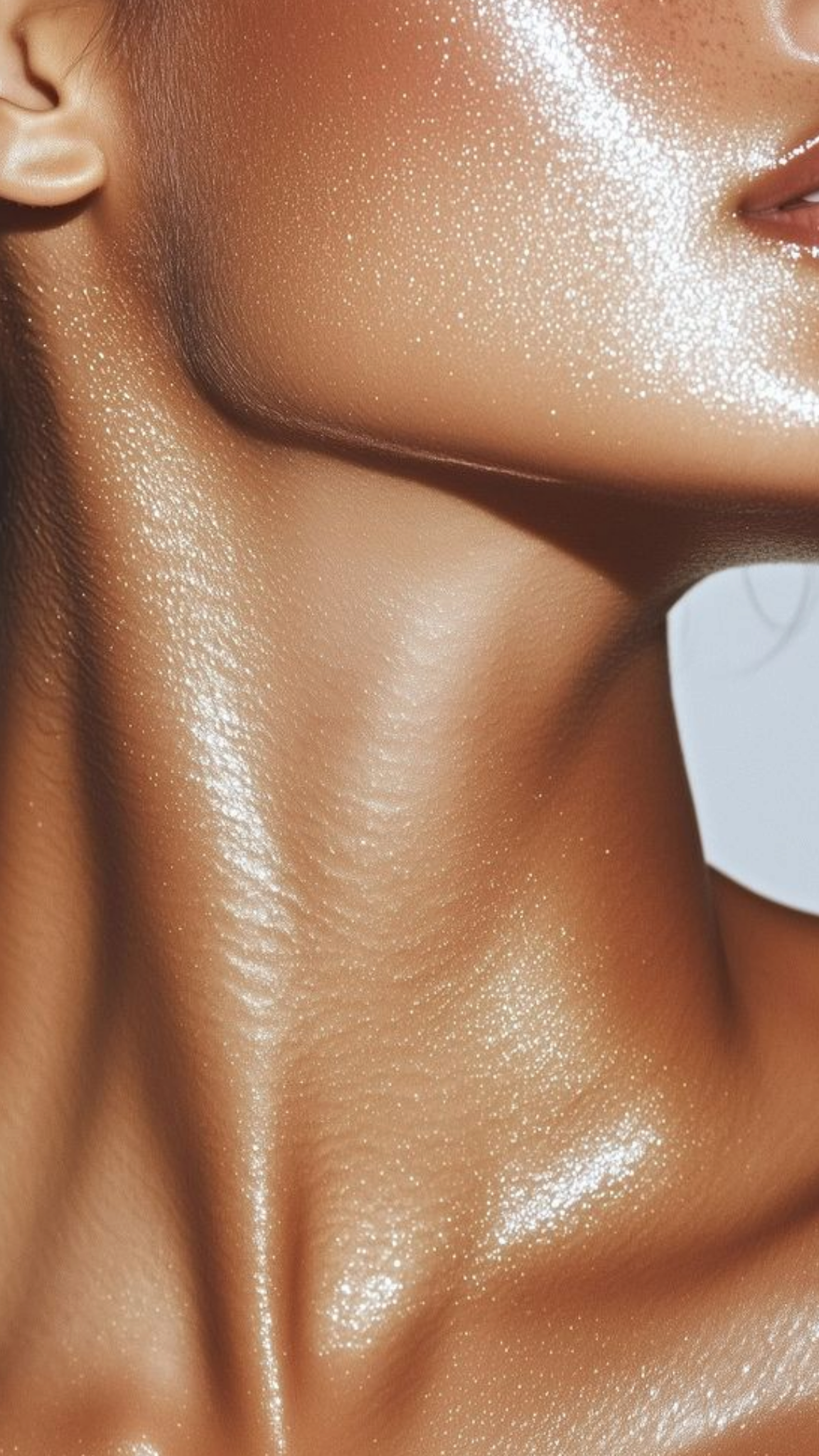 Close-up of a person's neck and shoulder with a blurred background