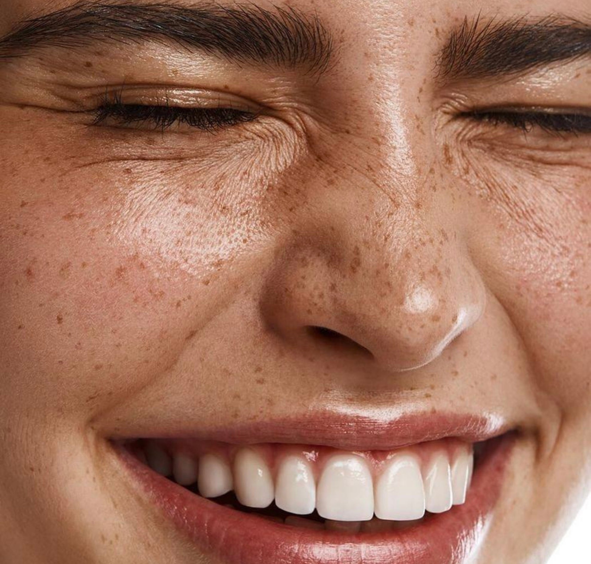 Close-up of a person's face with a smile, showing teeth.