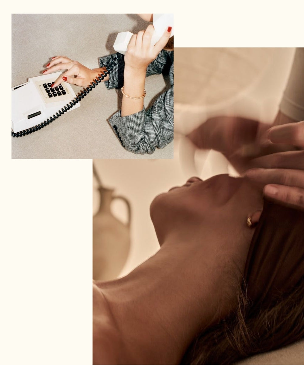 Collage of two images: one with a person using a vintage phone and the other with a close-up of hands holding a phone.
