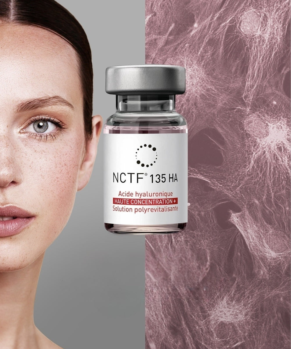 Skincare product bottle labeled NCTF 135 HA with a woman's face and skin texture background