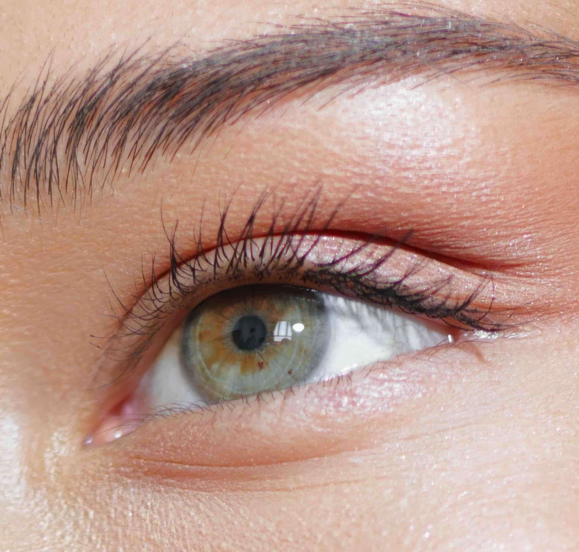 Close-up of a person's eye with detailed eyelashes and eyebrow.